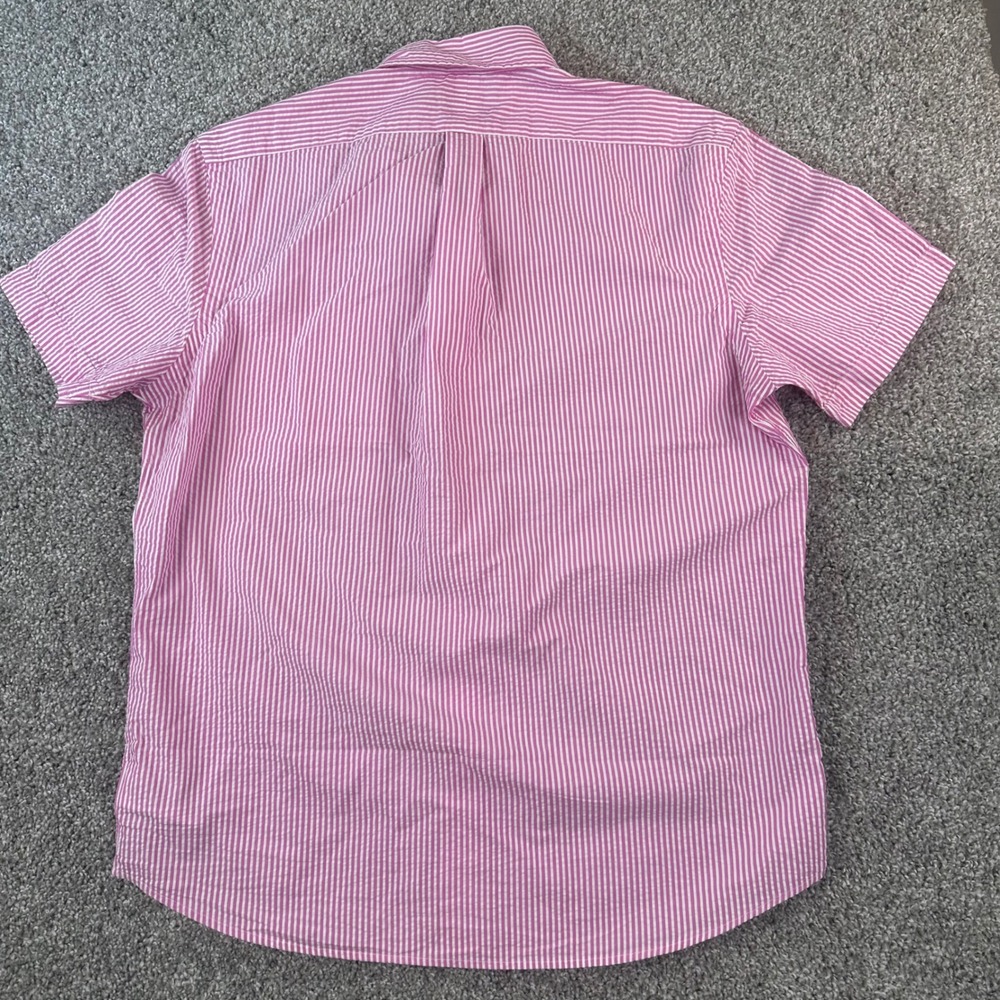 Polo Ralph Lauren Shirt Men Medium Pink Seersucker Stripe Untuck Fit Wrinkle NEW - Picture 3 of 10